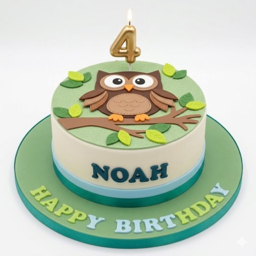 Round kids birthday cake with a 3D owl on a branch, green leaves, and a custom age candle.