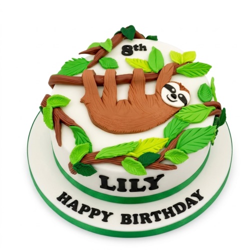 Two-tier white fondant cake with a brown sloth hanging from branches and green leaves, with a custom age topper and personalised message.