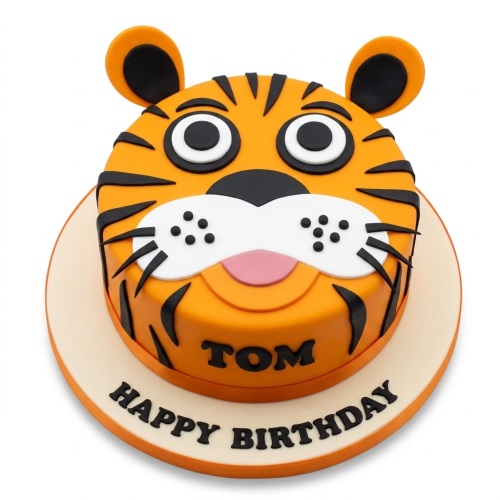 Round orange and black tiger face birthday cake with edible features and custom name.