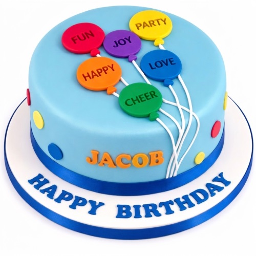 Light blue birthday cake with colourful balloons, polka dots, and a personalised name.