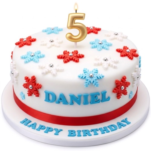 White round birthday cake with red, white, and blue snowflake decorations, a red ribbon, and a gold custom age candle.