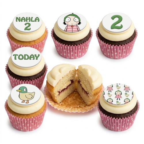 Kids birthday cupcakes with cartoon girl and duck toppers, custom age and name examples.