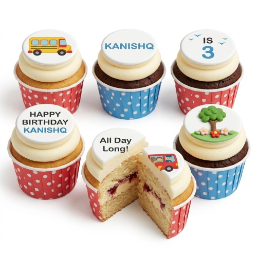 Six cupcakes with bus and tree toppers, some with custom name and age. Red and blue polka dot wrappers.