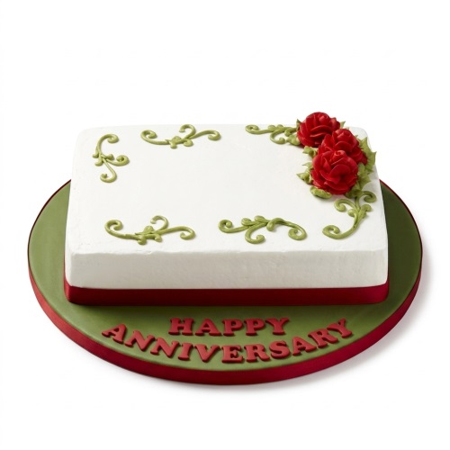 White rectangular anniversary cake with red piped roses and green leaves on a green board.
