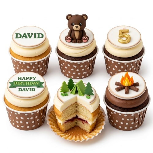 Assortment of camping and woodland themed cupcakes with teddy bear, tent, campfire, and custom age topper.