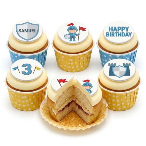 Knight theme birthday cupcakes with castle, knight, shield, and flag toppers. Custom age and name options.