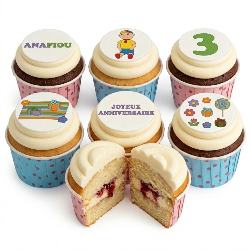 Kids birthday cupcakes with cartoon character, custom age, gifts, and 'Joyeux Anniversaire' toppers