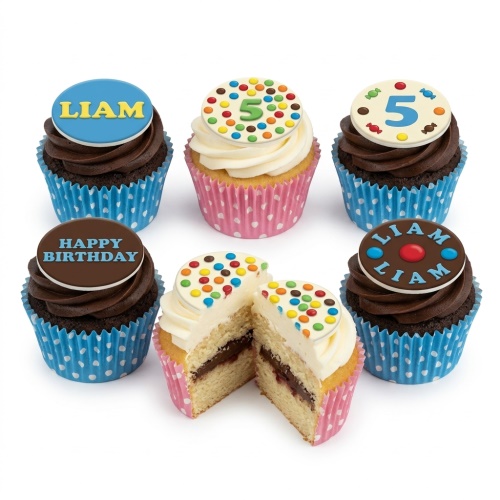 Assortment of colourful kids birthday cupcakes with sprinkles, custom age, and personalised message toppers.