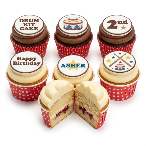 Assortment of drum kit themed birthday cupcakes with chocolate and vanilla frosting, red polka dot wrappers.