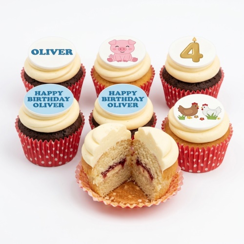 Six cupcakes with farm animal toppers, a custom age candle, and personalised birthday messages.
