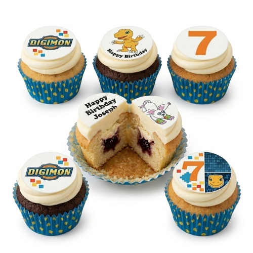 Digimon themed cupcakes with various character and logo toppers, including a custom age number and a personalised birthday message.