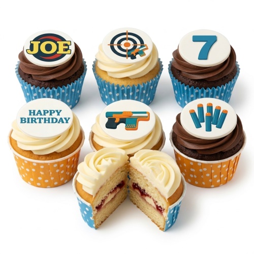A selection of blaster gaming themed cupcakes with toy gun, target, and dart toppers, some with custom age and 'Happy Birthday' messages.
