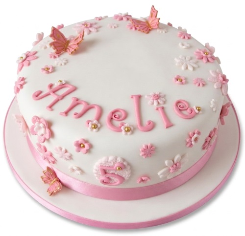White round cake with pink flowers, butterflies, a personalised name, and a custom age topper.