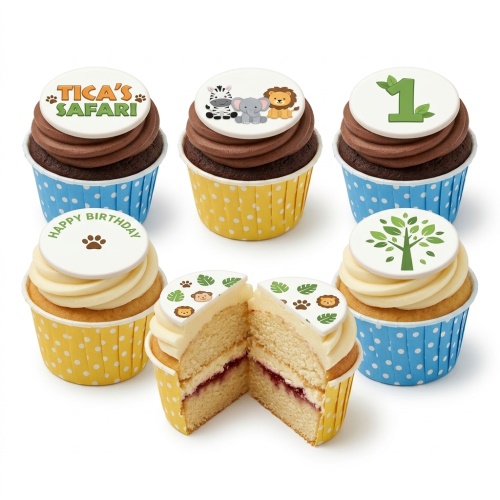 Safari animal themed cupcakes with custom age and 'Happy Birthday' toppers in blue and yellow cases.