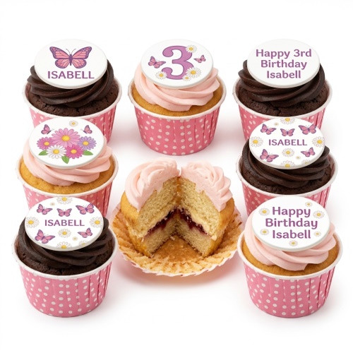Butterfly birthday cupcakes with pink and brown frosting, daisy and butterfly toppers, and custom age example.