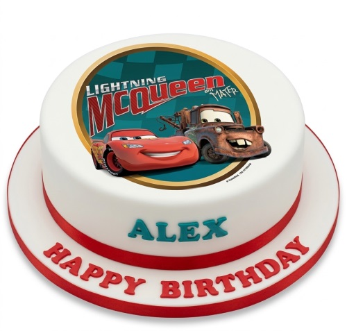 Round white birthday cake with Disney Cars Lightning McQueen and Mater edible image, red ribbon, and space for personalised name.