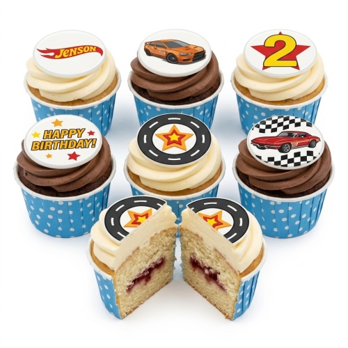 Racing car themed cupcakes with custom age topper and 'Happy Birthday' message.