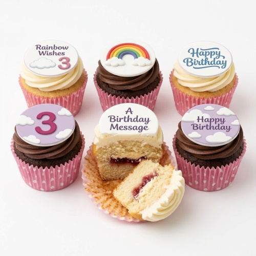 Assortment of rainbow and cloud themed birthday cupcakes with custom age and message toppers.