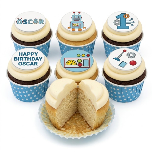 Robot themed cupcakes with blue polka dot wrappers, white frosting, and edible toppers featuring robots, gears, and a custom age '1'.