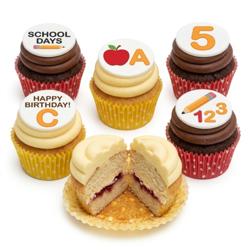 School theme cupcakes with apple, pencil, letter, and number toppers for a kids birthday.