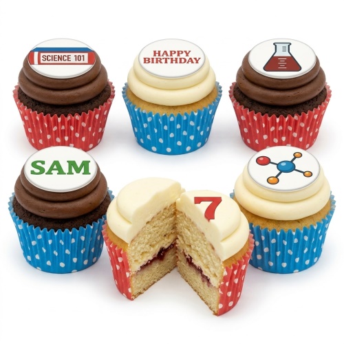 Six cupcakes with science-themed edible toppers, including a beaker, molecule, "Science 101", "Happy Birthday", "Sam", and a number 7.