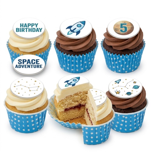 Space themed birthday cupcakes with rockets, planets, stars, and custom age toppers.
