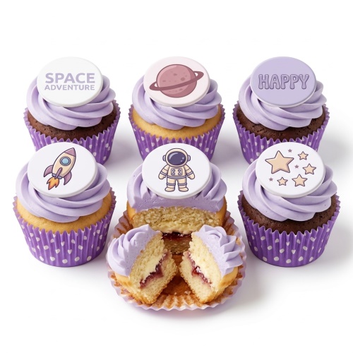 Space-themed cupcakes with purple frosting, featuring astronaut, rocket, planet, and star toppers.
