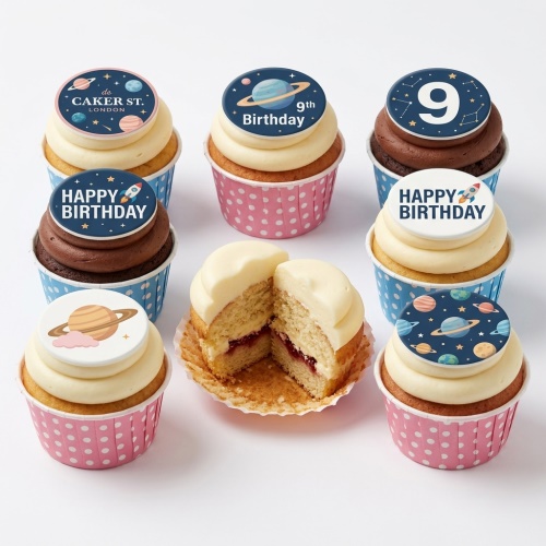 Space themed birthday cupcakes with planets, rockets, stars, and custom age toppers.