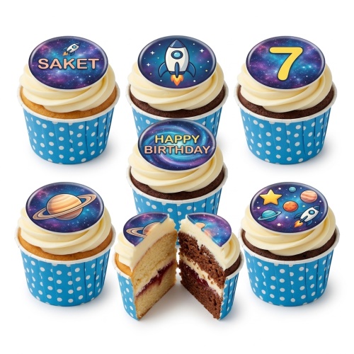 Space themed cupcakes with galaxy toppers, rockets, planets, and stars in blue polka dot cases.