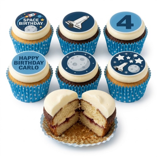 Space theme birthday cupcakes with rockets, moon, stars, and custom age topper.