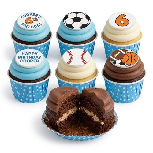 Chocolate and vanilla cupcakes with blue and white frosting, topped with various sports balls and custom age birthday messages.