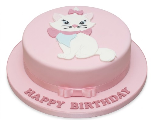 Pink round birthday cake with an edible Disney Marie Cat figurine and 'Happy Birthday' message.