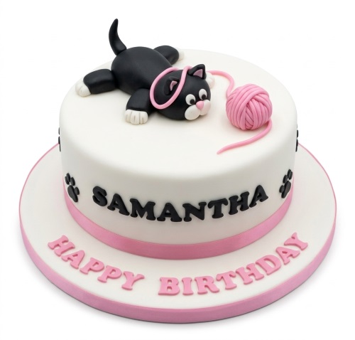 Round white birthday cake with black cat, pink yarn, paw prints, and personalised name.
