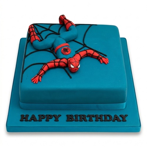 Square blue cake with red and blue fondant Spider-Man figure and black web details, 'Happy Birthday' message on board.