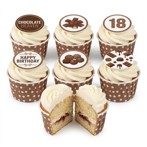 Six vanilla cupcakes with white frosting, brown polka dot cases, and chocolate-themed edible toppers, including a custom age topper and 'Happy Birthday' message.