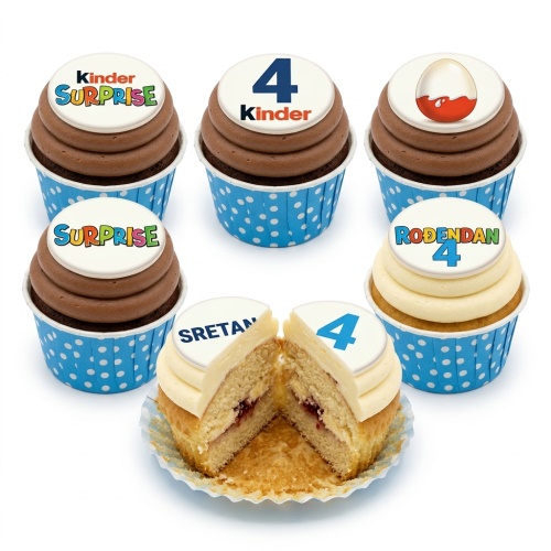 A set of six Kinder Surprise themed cupcakes with chocolate and vanilla frosting, blue polka dot cases, and edible toppers featuring Kinder Surprise logos, a Kinder egg, and the number 4.