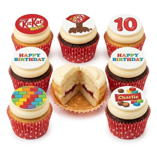 Assorted kids birthday cupcakes with Kit Kat, colourful brick, 'Happy Birthday', and custom age/name toppers.