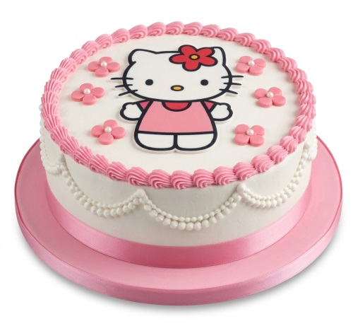 Round white cake with Hello Kitty character, pink piped icing, and pink sugar flowers.