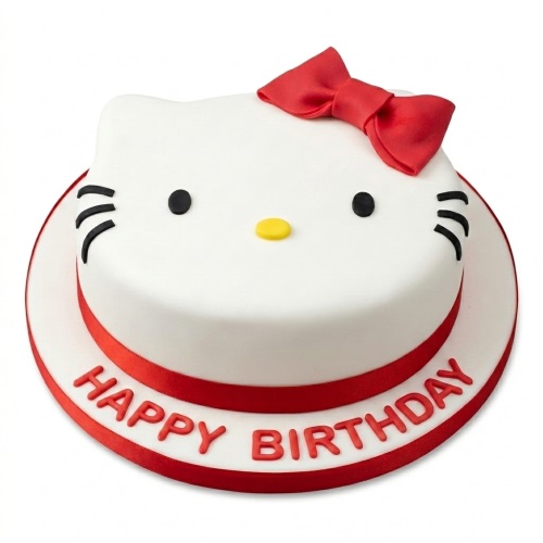 Round white Hello Kitty birthday cake with black eyes, yellow nose, black whiskers, and a red bow. A red ribbon and 'Happy Birthday' message adorn the base.