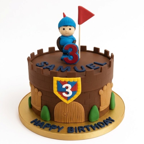 Round brown castle birthday cake with a blue knight figure, red flag, and custom age topper.