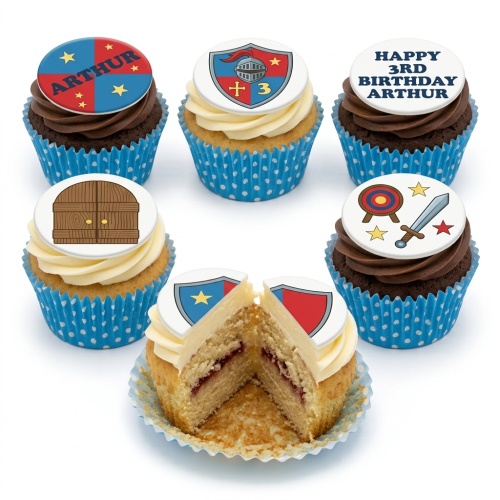 Six knight theme birthday cupcakes with shields, swords, treasure chest, and custom age topper.