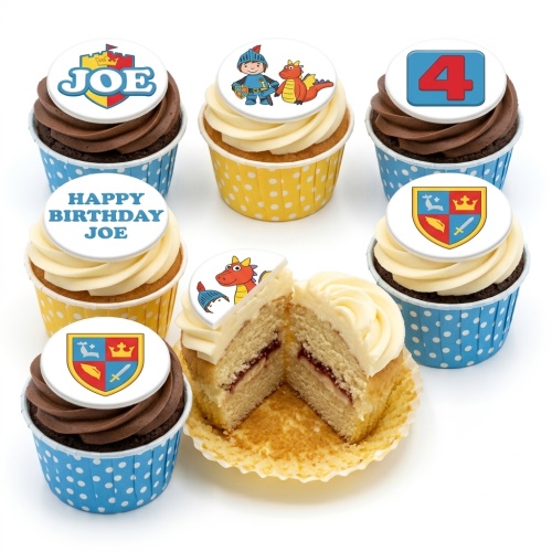 Assortment of knight and dragon themed birthday cupcakes with edible toppers and piped frosting in blue and yellow cases.