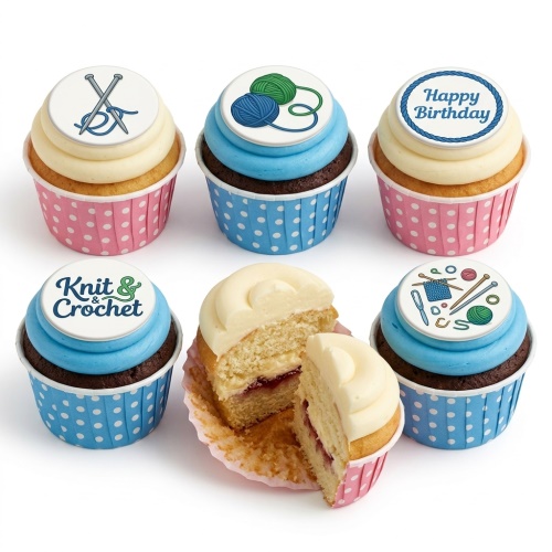 Cupcakes with knitting and crochet themed edible toppers, some with 'Happy Birthday' message.