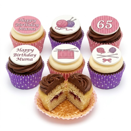 Set of knitting theme birthday cupcakes with yarn, needles, and custom age toppers.