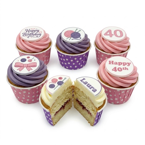 Six pink and purple cupcakes with knitting theme toppers, 'Happy Birthday' and '40' messages.
