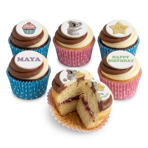 Kids birthday cupcakes with koala, star, and cupcake toppers, featuring personalised name and message examples.