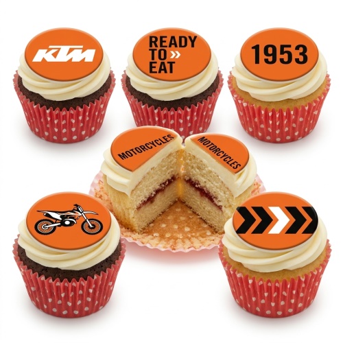 KTM branded cupcakes with orange toppers, a dirt bike graphic, and "1953" text.