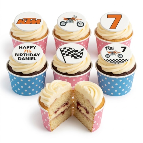 Motocross themed cupcakes with dirt bike, KTM logo, checkered flag, and custom age toppers.