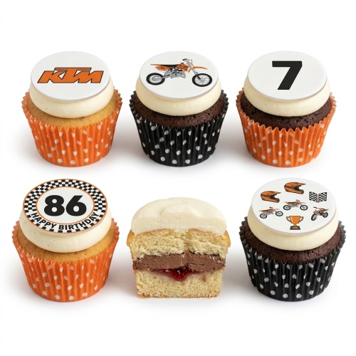 Six motocross dirt bike themed cupcakes with KTM logo, custom age, and racing decorations.