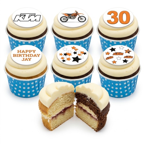 KTM logo and motocross bike cupcakes with custom age topper and personalised message.